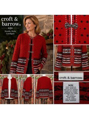 Croft & Barrow Red Fair Isle Nordic Cardigan  SZ M Silver Clasp Holiday Sweater